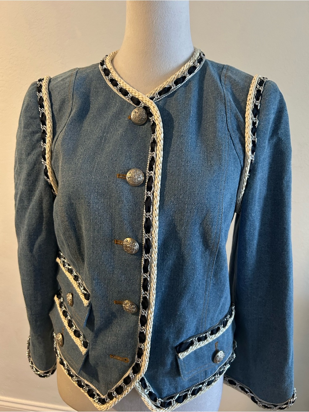 Veronica Beard Milla Jean Blue Tweed-Trim Denim Jacket - Picture 2 of 9